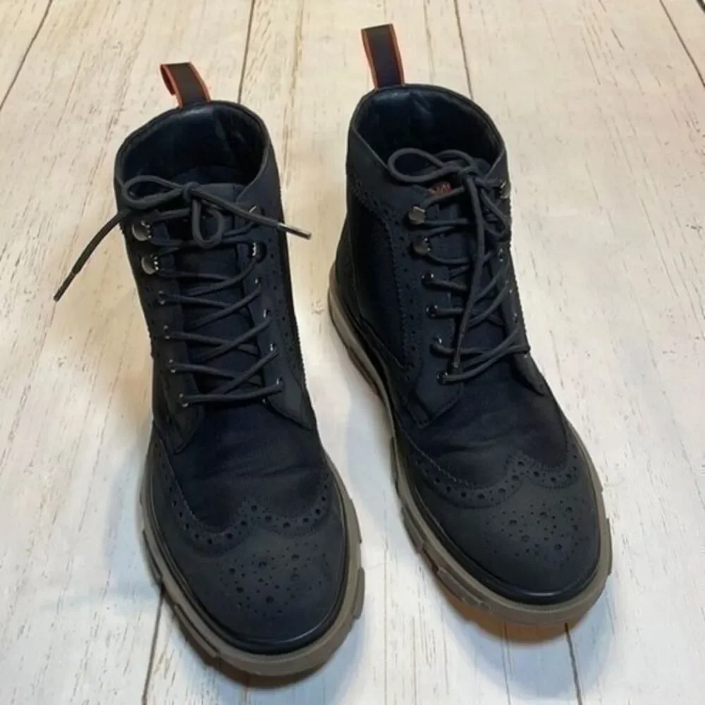 SWIMS Waterproof Storm Brogue High Boots Black Leather Nylon Mens Size 8